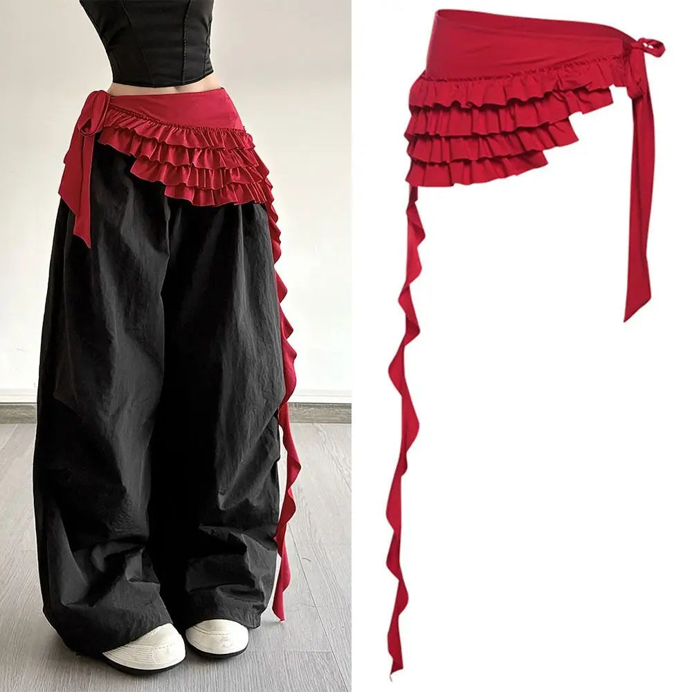 STORESDE Embroidered Flower Lace Mini Skirt Irregular See Through Ruched Skirts Lace-up Design High Waist Pleated Skirts