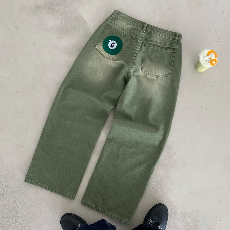 STORESDE Y2K Retro Matcha Denim Jeans Washed Billiard Embroidered Denim Pants London Fashion New York Style Streetwear Unisex Baggy Jeans