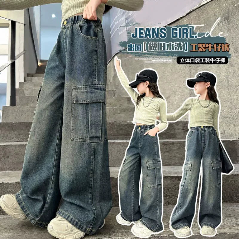 STORESDE Girls Cargo Jeans Kids Wide-legged Denim Pants Teenagers Fashion Streetwear Loose Trousers Children Casual Clothes 5-12Y