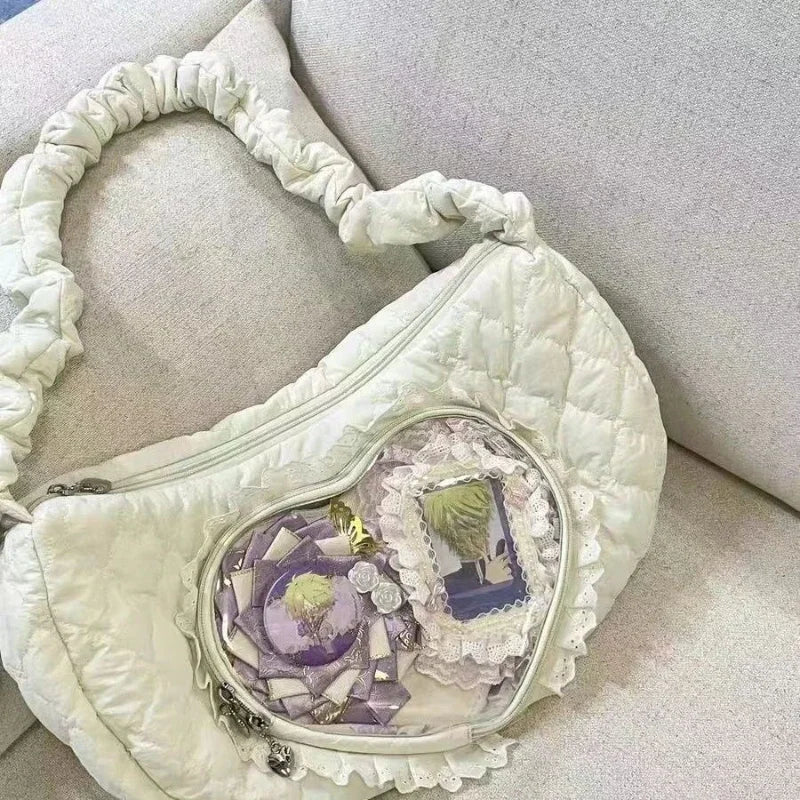 STORESDE Pink Cute Womens Shoulder Bag Pleated Love Heart Lolita Jk Ita Bag Drawstring Ballet Style Sweet Fashion Female Handbag