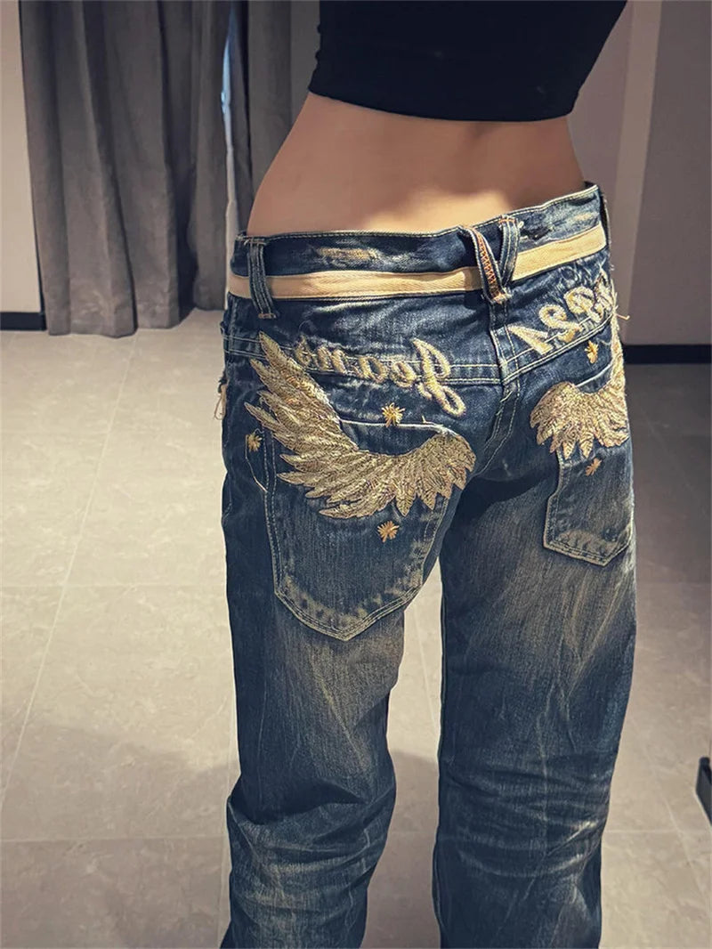 STORESDE American Personalized Gold Wing Embroidered Jeans Children's 2025 Spring Hot Girl Design Sense Low Waist Micro Flared Pants