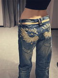 STORESDE American Personalized Gold Wing Embroidered Jeans Children's 2025 Spring Hot Girl Design Sense Low Waist Micro Flared Pants