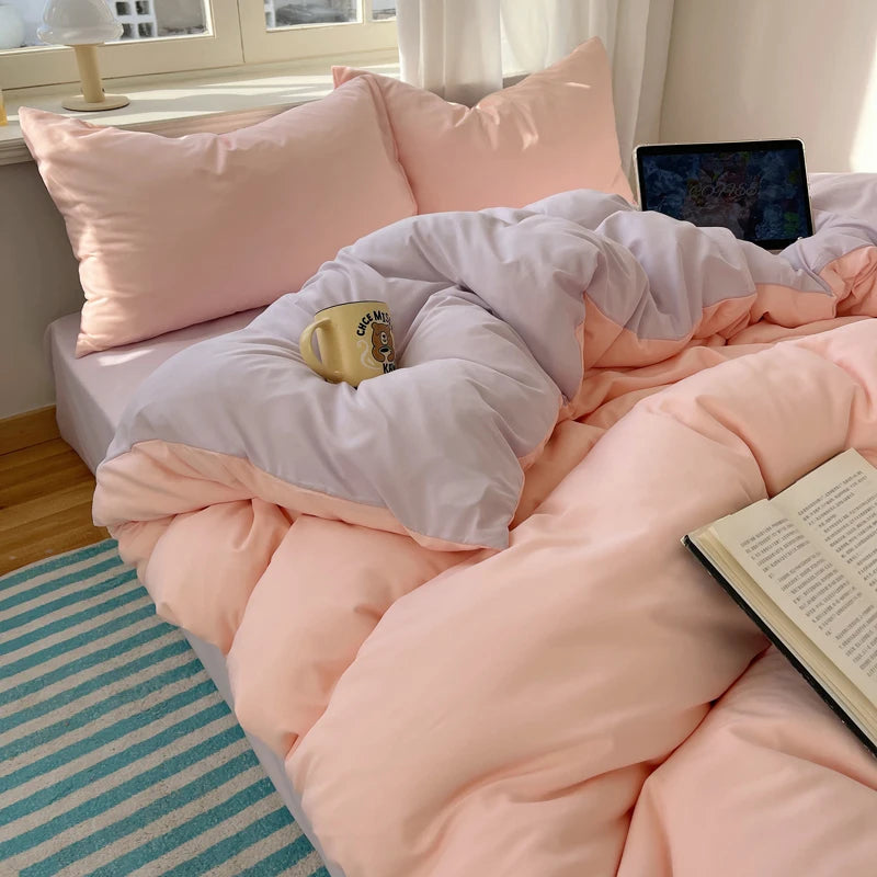 STORESDE Cotton Bedding Set 4pcs with Solid Bed Sheet Duvet Cover Pillowcases Single Couple Bedsheet King Queen Double Twin Size