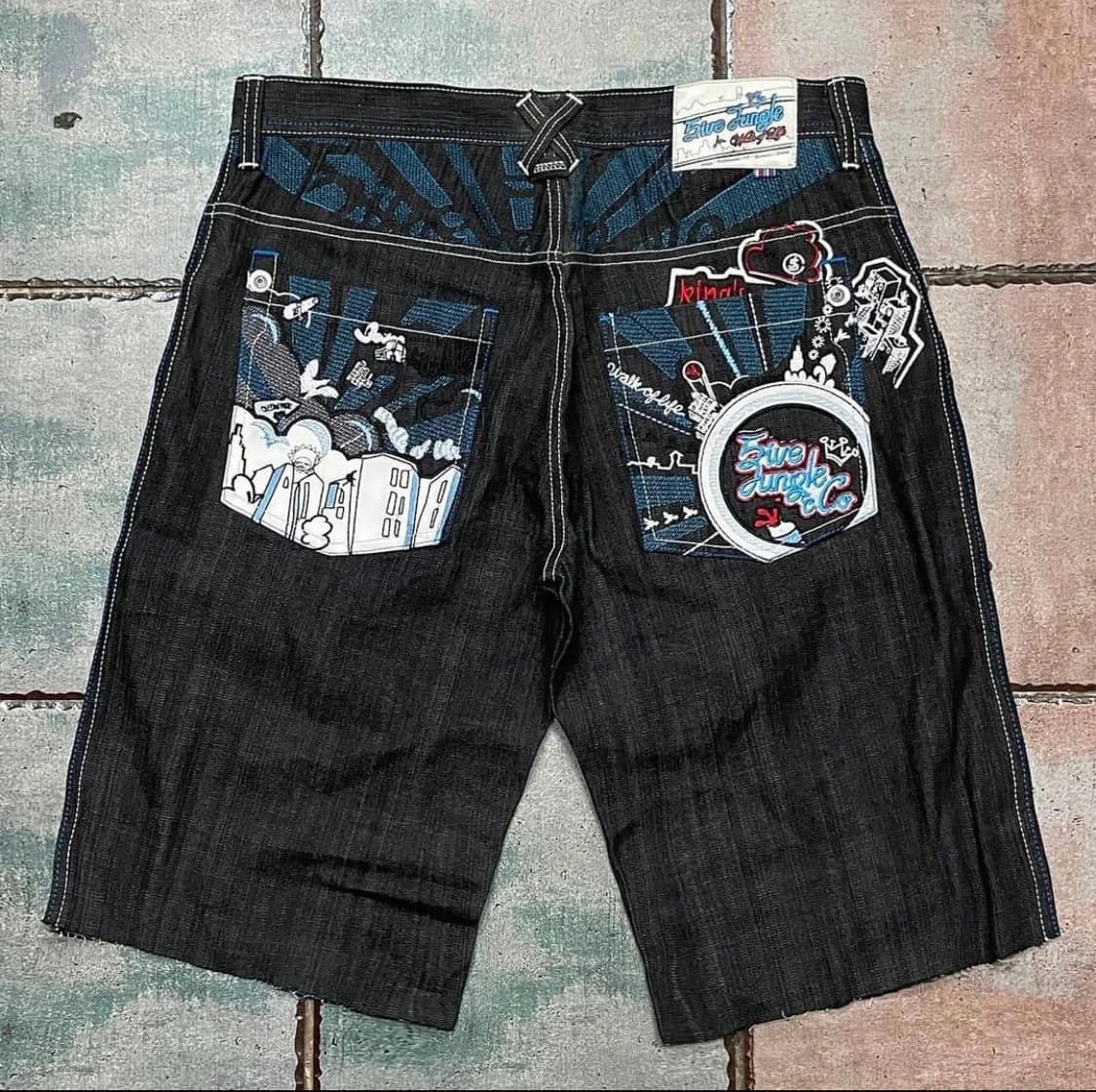 STORESDE American Washed Ecko Denim Shorts Mens Hip-hop Rock Street Fashion Pattern Straight Pants Harajuku Trend Wide Pants