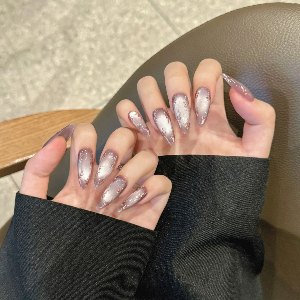 STORESDE Handmade Press on Nails Hand-painted Flowers Fake Nails Full Cover Wearable Shiny Purple Cat Eye Almond False Nail Patches