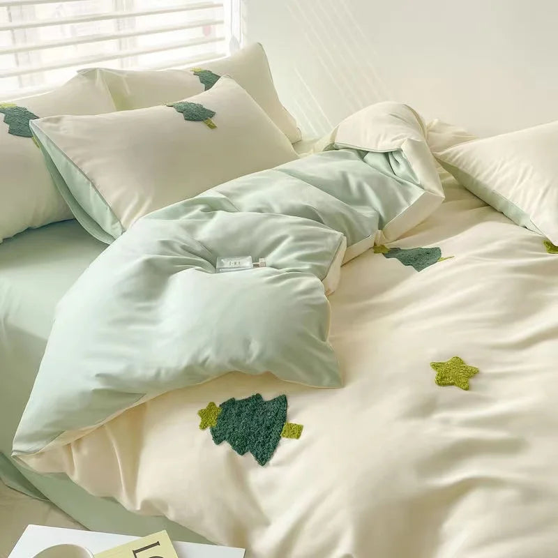 STORESDE Ins Embroidery  Bed Linen Twin Full Queen King Size  Bed Sheets Set  Adults Kids Floral Bed Flat Sheet Pillowcase Christmas Gift