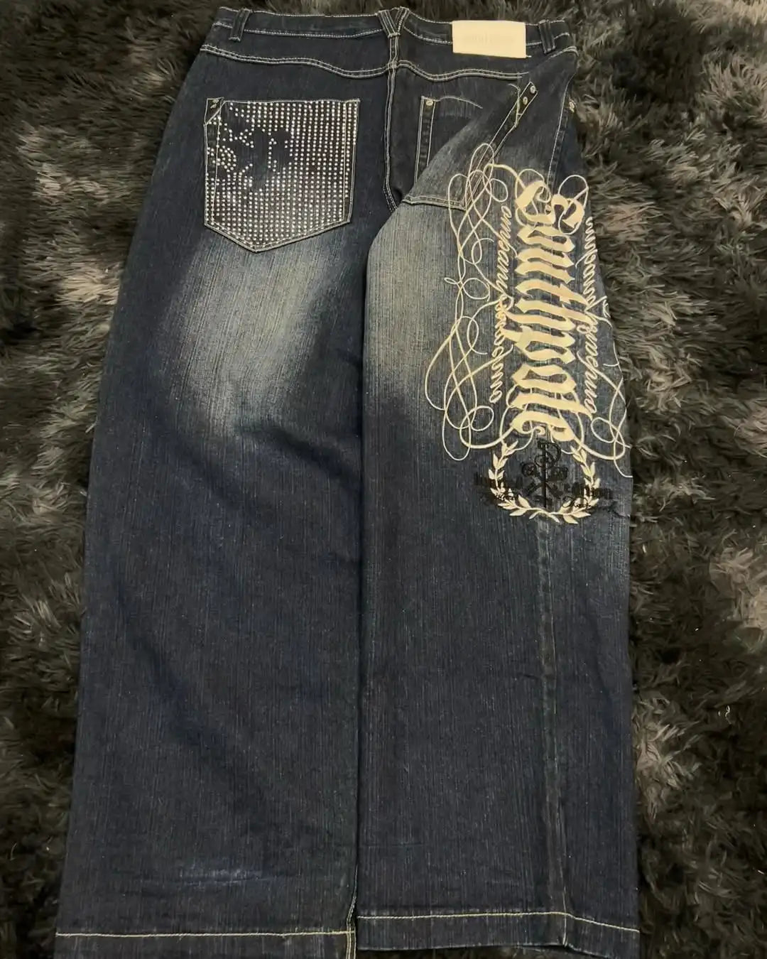 STORESDE Men's Embroidery Element Design Washed Wide-leg Straight Jeans Baggy High Waisted Classic Street Style Jeans Hip Hop Jeans