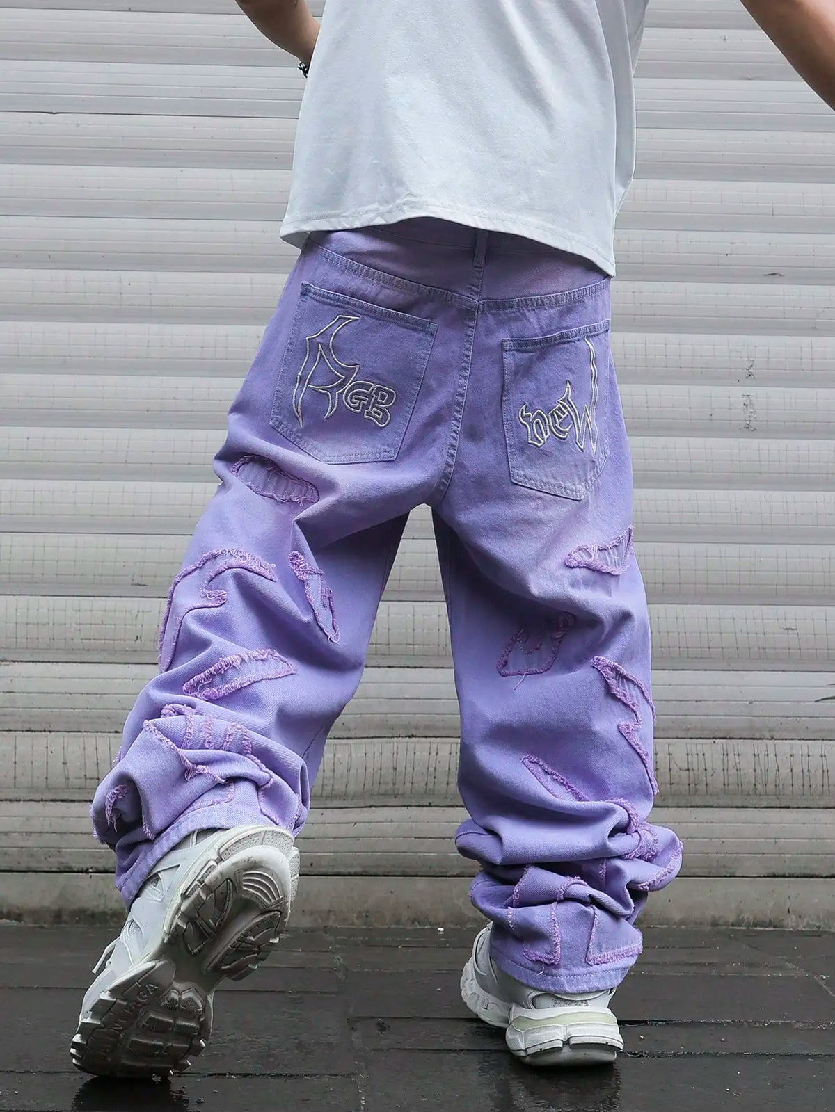 STORESDE High - street style purple distressed frayed jeans for men, loose, trendy street hip - hop wide - leg pants