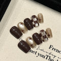 STORESDE 10Pcs Brown Cat Eye Short Square Fake Nails Hand Painted Checkered Star Press on False Nail with Glue Simple Full Over Nail Tips