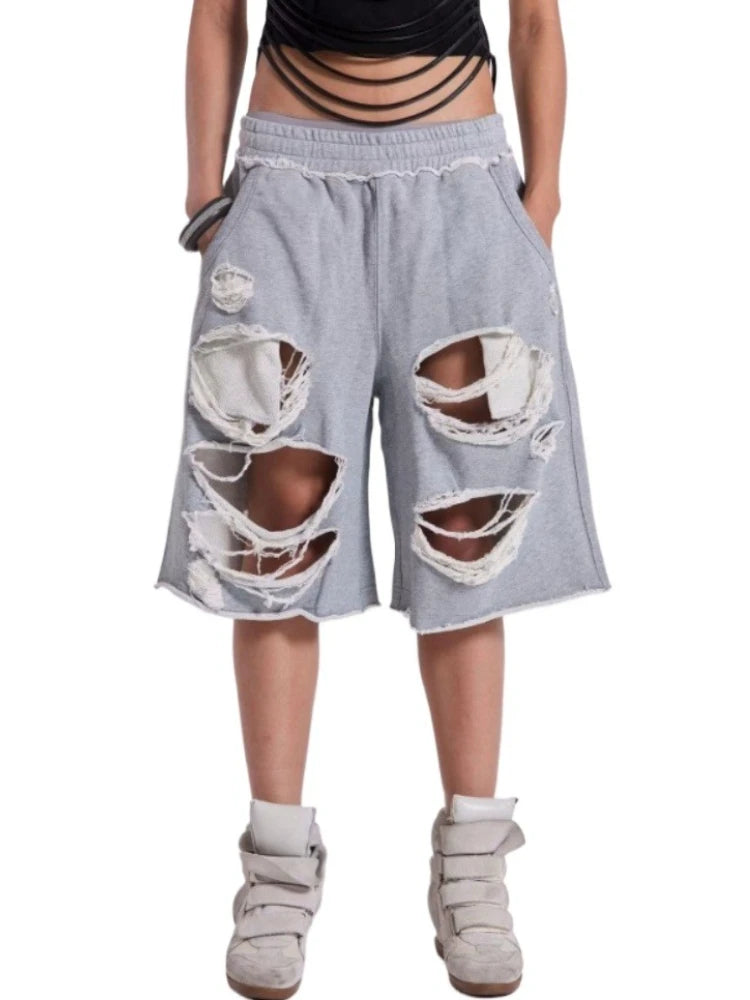 STORESDE HOUZHOU Gray Distressed Baggy Shorts Women Casual Grunge Wide Leg Sport Shorts Hip Hop Streetwear Oversized Holes Sweatpants