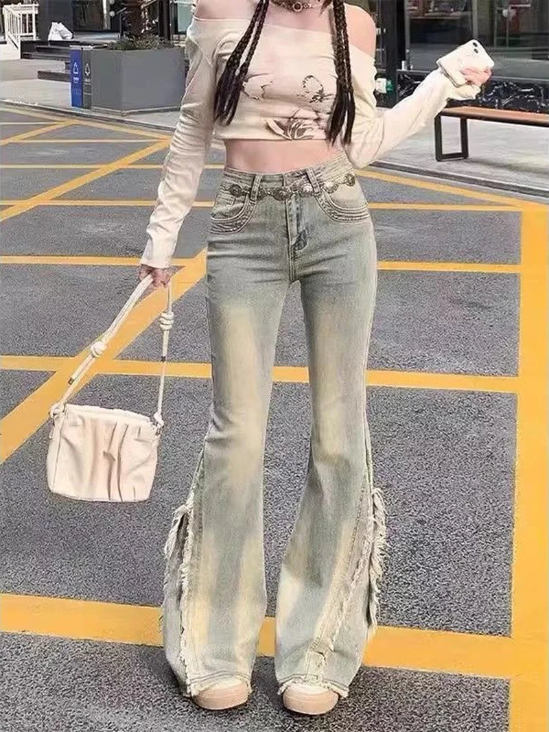 STORESDE Women Vintage Blue Jeans High Waist American Retro 90s Raw Material Edge Design Y2k Denim Pants Streetwear Wide Leg Jeans