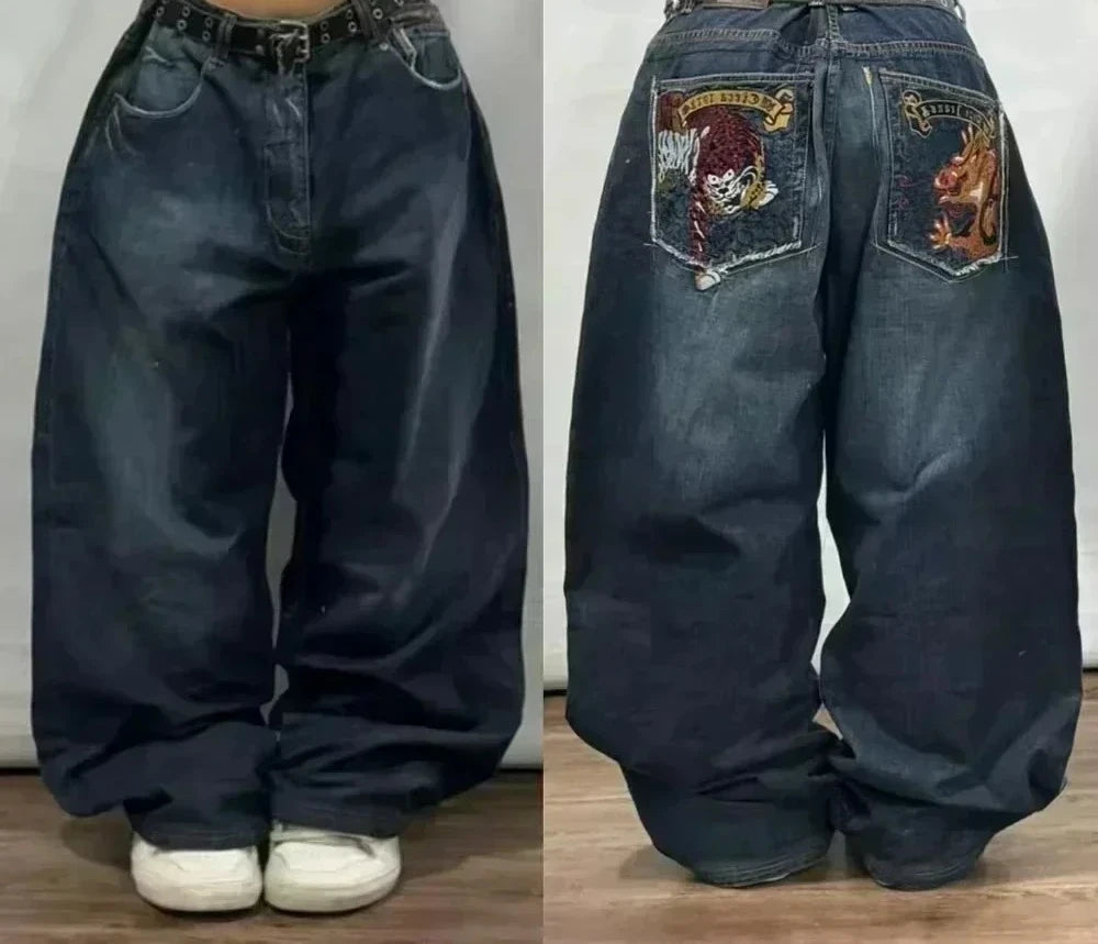 STORESDE 2025 New American Trend Retro Hip-hop Embroidery Pattern Baggy Jeans For Men And Women Y2K Harajuku Gothic Wide Pants Streetwear
