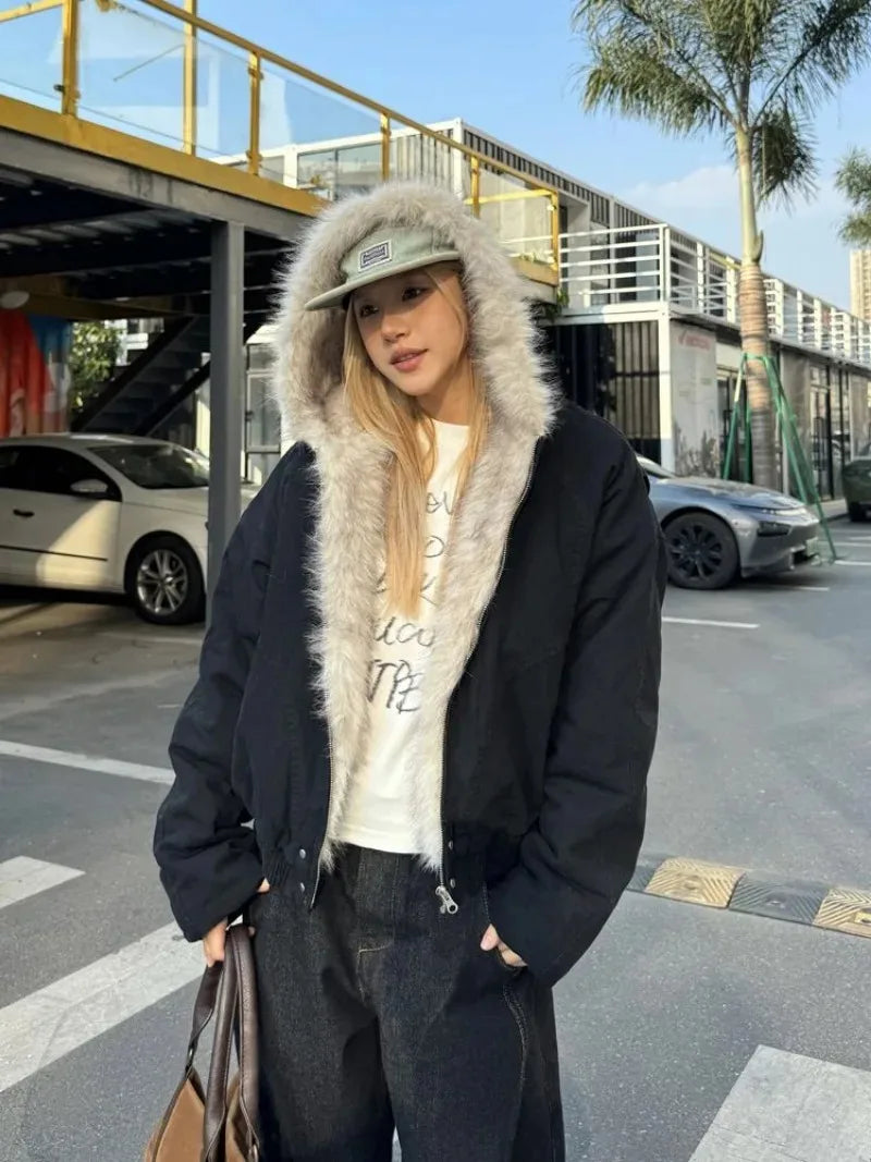STORESDE American Street Fur Collar Zipper Hooded Jacket Women Autumn Winter Retro New Velvet Thickened Warm Fashion Loose Casual Jacket