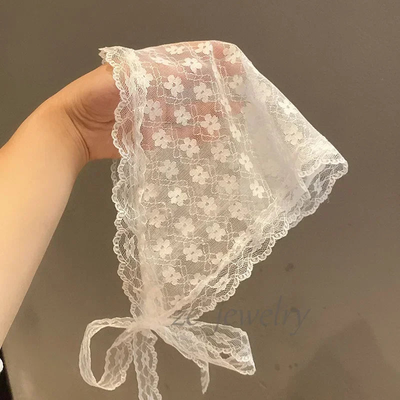 STORESDE Retro Sweet Flower Triangle Hair Scarf Women Girls Square Scarf Headband Korean French Pastoral Headdress Summer Lace Headwear