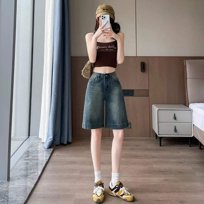 STORESDE Shorts Female Jeans Summer Wide Leg Loose Fit High Waist Denim Shorts Women's Denim Five Points Mid Length Trousers