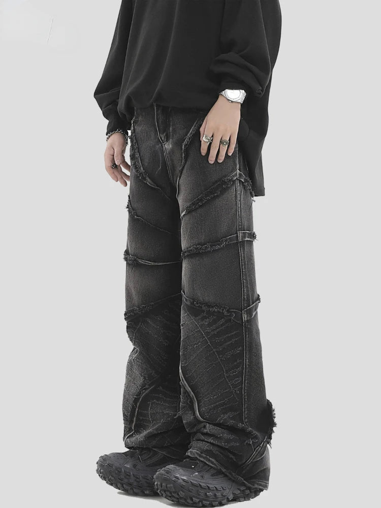STORESDE New National Tide Couples American Raw Edge Stone Mill Washed Jeans Y2K Gothic Punk Style Loose Straight Tube Make Old Trousers