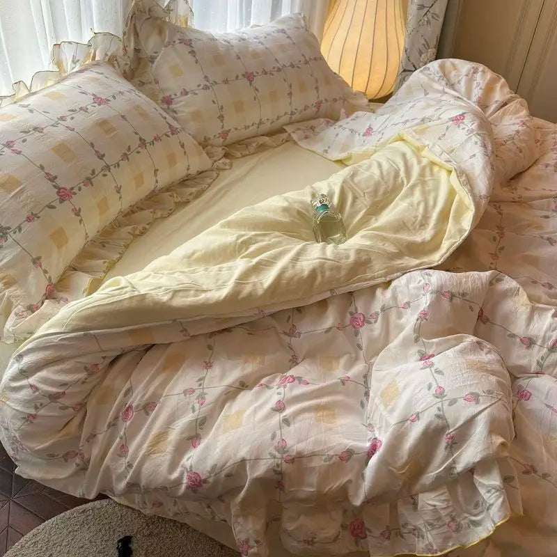 STORESDE Korean Princess Duvet Cover Set Skin Friendly Wash Cotton Bedding Set Of Four Pieces Lace Bedin Set Bed Sheets Comforter Cover