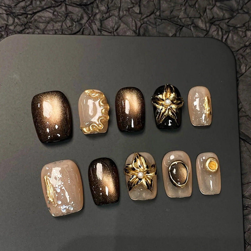 STORESDE 10pcs Handmade Press On Nails Cute Starfish Cat's Eye Aurora Fake Nail Tips Wearable Fantasy Mermaid Short Square False Nails