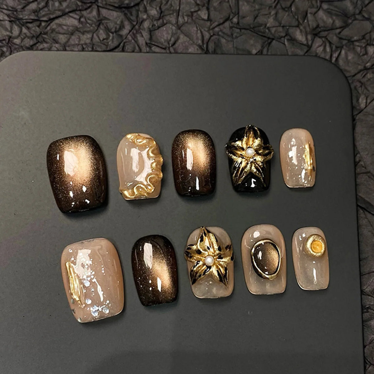 STORESDE 10pcs Handmade Press On Nails Cute Starfish Cat's Eye Aurora Fake Nail Tips Wearable Fantasy Mermaid Short Square False Nails