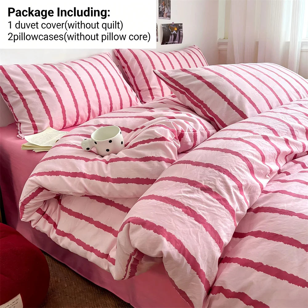STORESDE 3pcs Simple Pink Striped Duvet Cover Set with 2 Pillowcases Soft Washed Cotton Bedding Set For Girls 150x200cm Bedroom Decor