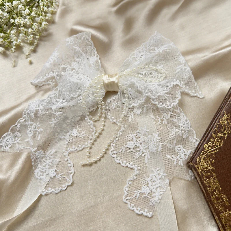 STORESDE 1Pair/2Pairs French Romantic White Flower Lace Curtain Tieback with Bead Korean Bow Strap Trims for Curtain Accessories Decor
