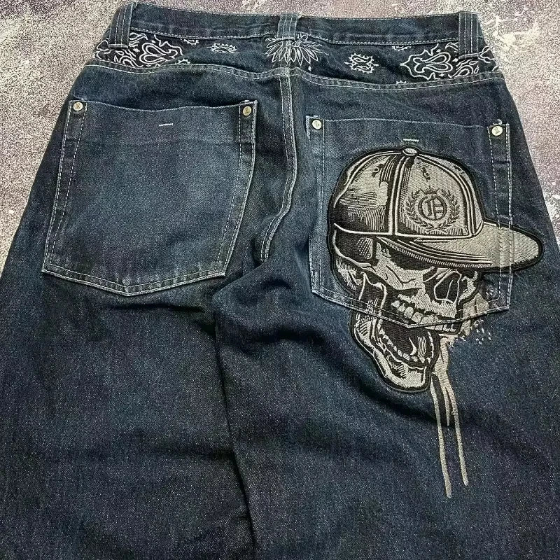 STORESDE Street Fashion Trend Skull Embroidered Jeans Women Harajuku Y2K New Hip Hop Joker Straight Wide-leg Pants Couple Casual Jeans
