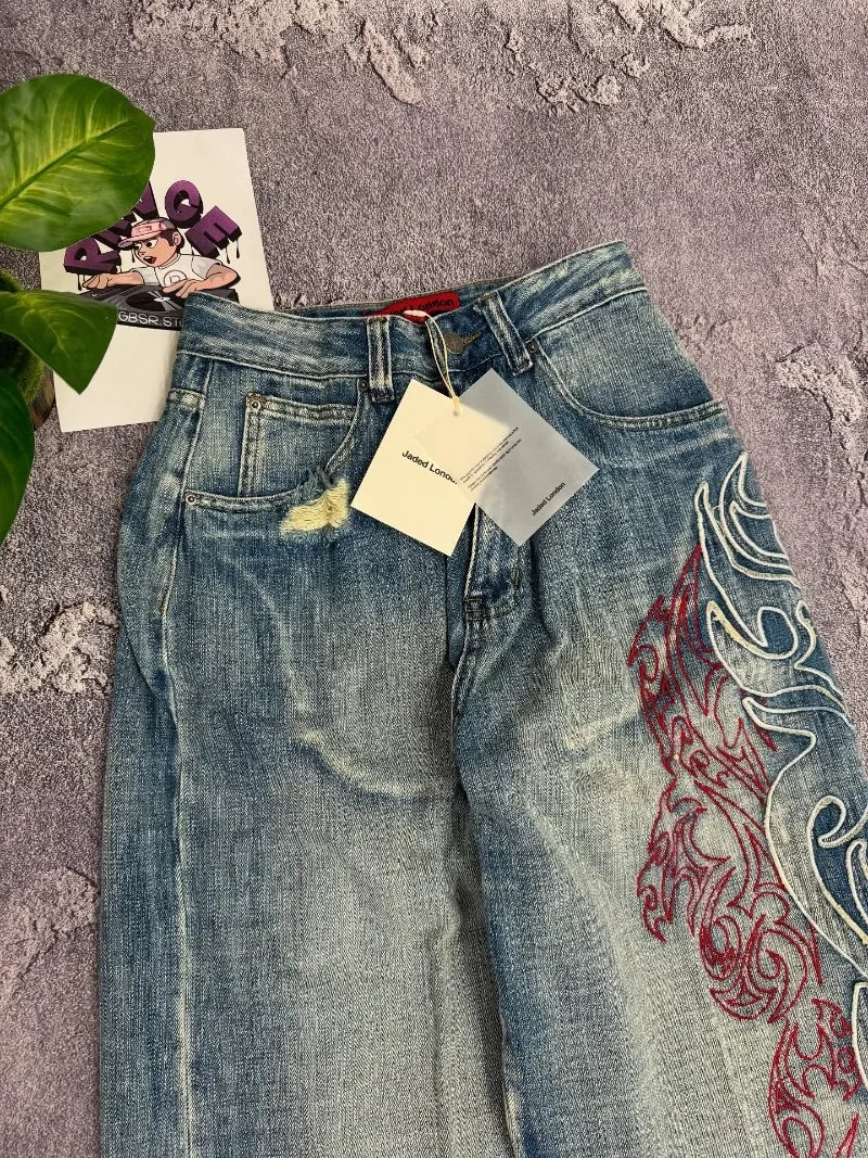 STORESDE American Y2K New Pattern Embroidery Baggy Jeans Men High Street Vintage Hip Hop Fashion Casual Joker Couple Wide-leg Pants