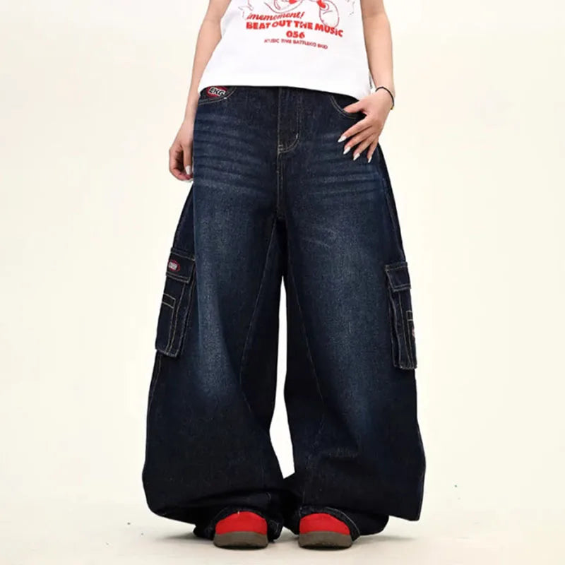 STORESDE Japanese Korean Versions Harajuku Men'S Jeans Fashion Casual Curved Pants Loose Pants Large Pockets Denim Straight Leg Pants