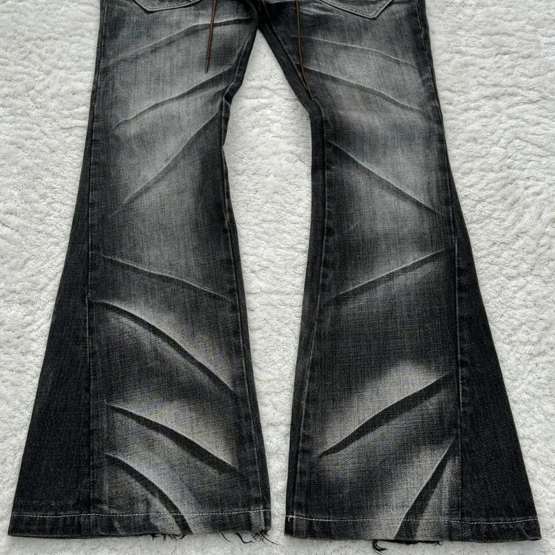 STORESDE Y2k Flared Lace Up Jeans Retro Washed Paw Prints Double Waist Men's Slim Fit Jeans Gothic High Street Wear Unisex Bootcut Jeans