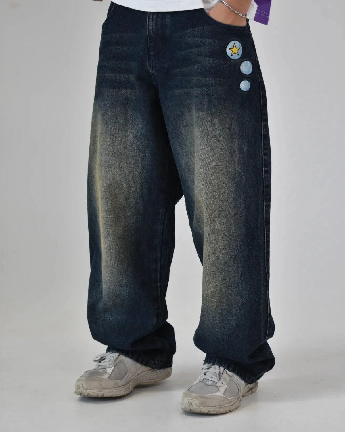 STORESDE Japanese Anime JOJU FMA High Waist Baggy Men Jeans Alphonse Elric Embroidery Anchor Patch Distressed Wash Wide Leg Denim Pants