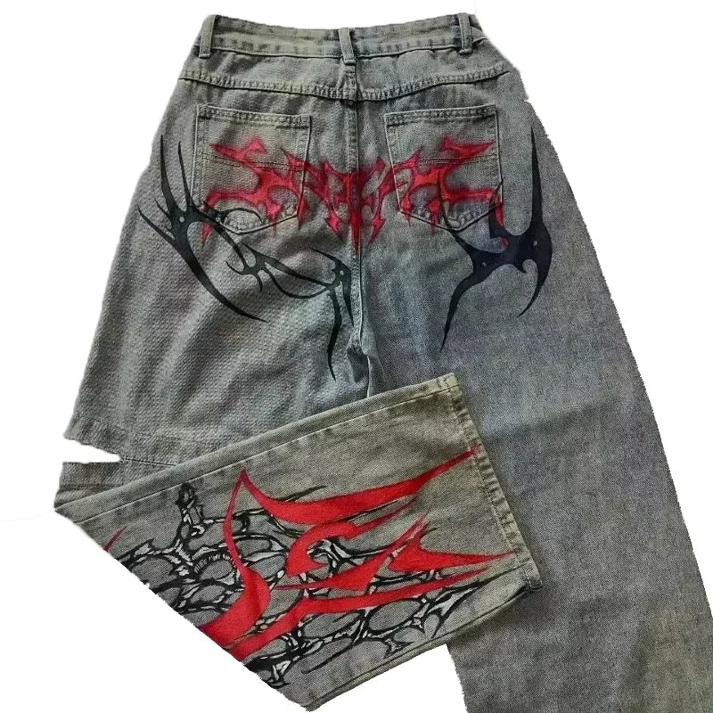 STORESDE 2025 New American Trend Retro Hip-hop Embroidery Pattern Baggy Jeans For Men And Women Y2K Harajuku Gothic Wide Pants Streetwear