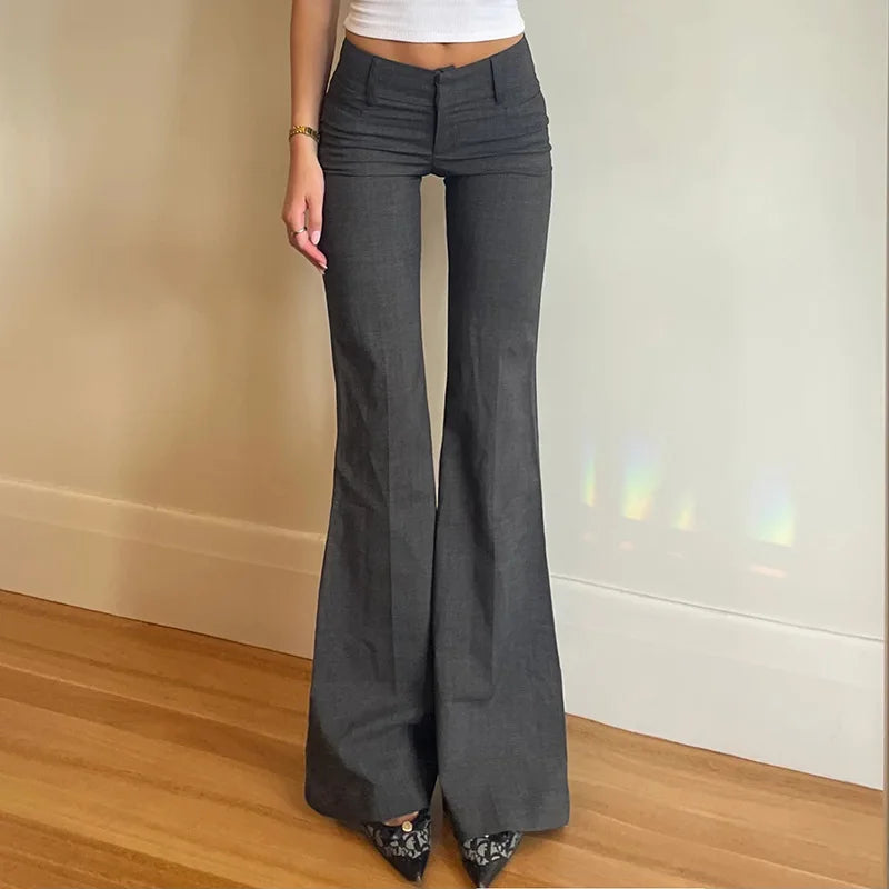STORESDE Lucyever Grey Low Waisted Flared Pants Female Y2K High Street Retro Wide Leg Trousers Fashion Slim Pocket Office Lady Suit Pants