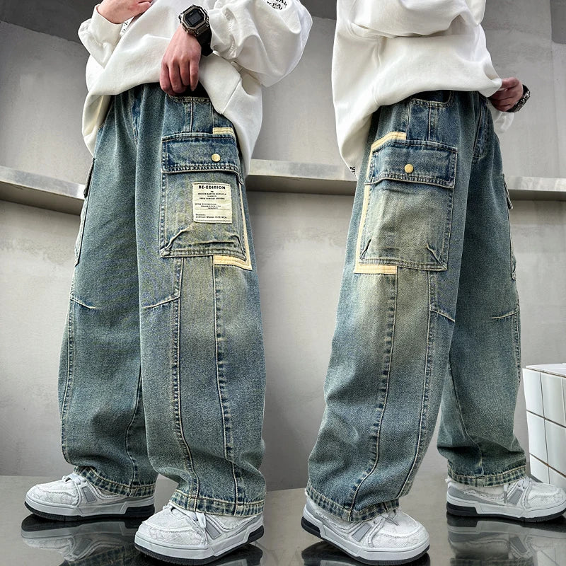 STORESDE New Design Children Relaxed Fit Straight Leg Cargo Jeans for Teenage Boys Loose Denim Pants with Pocket Kids Casual Trousers