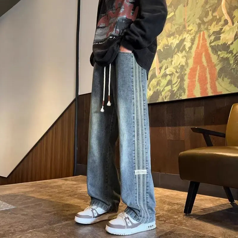 STORESDE Three bar American retro jeans men's spring and autumn new style high street elastic waist loose casual men's straight leg long