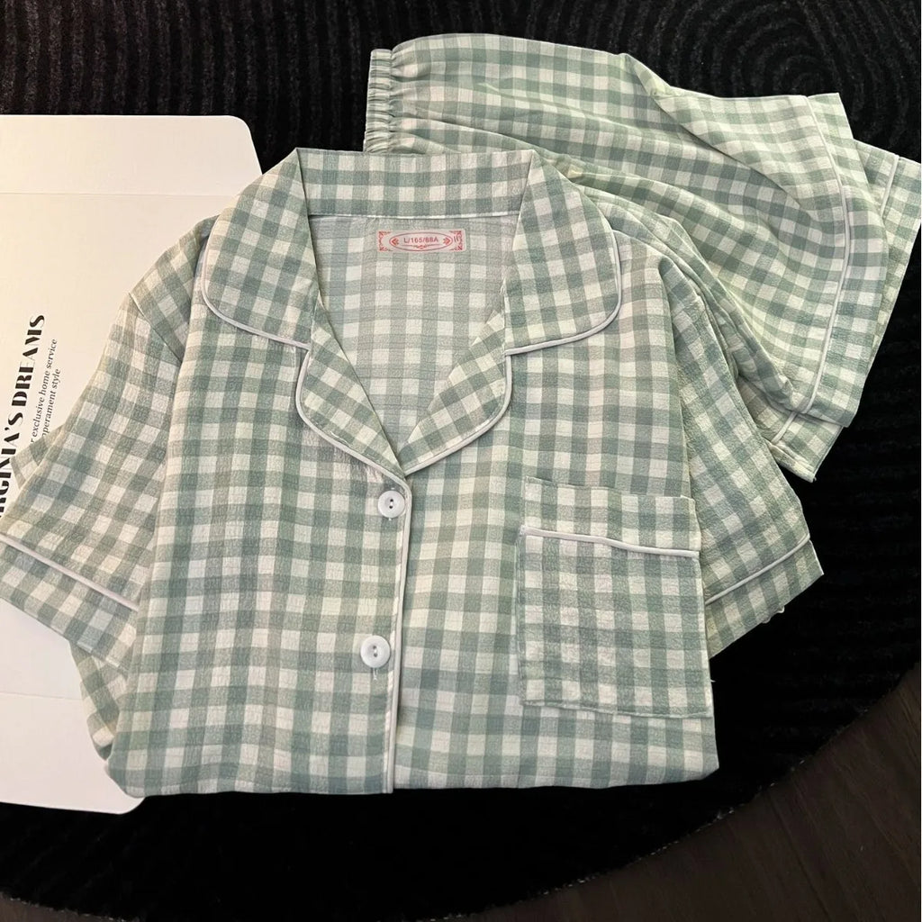 STORESDE Ins Japanese-Style Minimalist Women's Pajamas Summer Bubble Cotton Cute Girl Loose Short-Sleeve Shorts Loose Summer Outfit Set