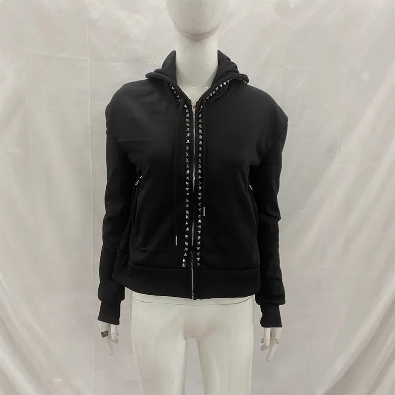 STORESDE Y2K New Emo Fashion Rivet Zipper Hoodie Women Harajuku Black Oversized Hoodie Gothic Retro Classic Sweatshirt Winter Clothing