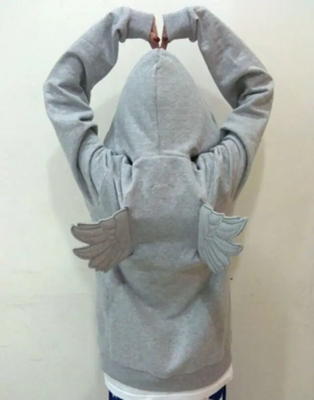 STORESDE Women Grey Angel Wing Embroidered Hoodie Cute Kawaii Pullover Sweatshirt Wing Decoration Back Y2K Street Harajuku Loose Pullover