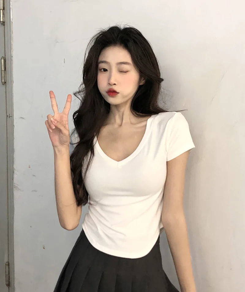 STORESDE Sexy V-neck Short Sleeve T-shirts for Women Summer New Tees Top Black White Basic Tshirt Y2K Korean Style Women's Clothes 2026
