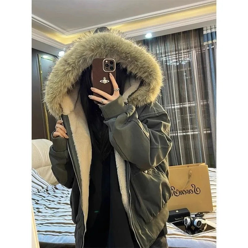 STORESDE American Street Fur Collar Zipper Hooded Jacket Women Autumn Winter Retro New Velvet Thickened Warm Fashion Loose Casual Jacket