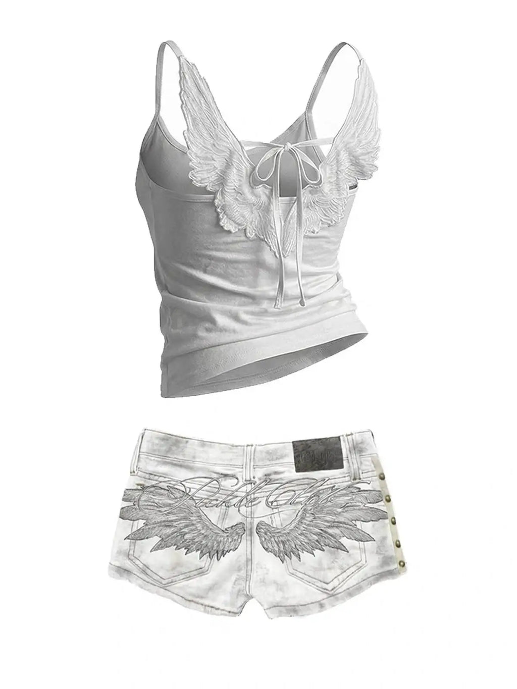 STORESDE Y2K Hot Girl Angel Wings Embroidered Vest Denim Shorts Suit Retro Sexy Shorts Subculture Punk Rivet Design Low-Waisted Pants