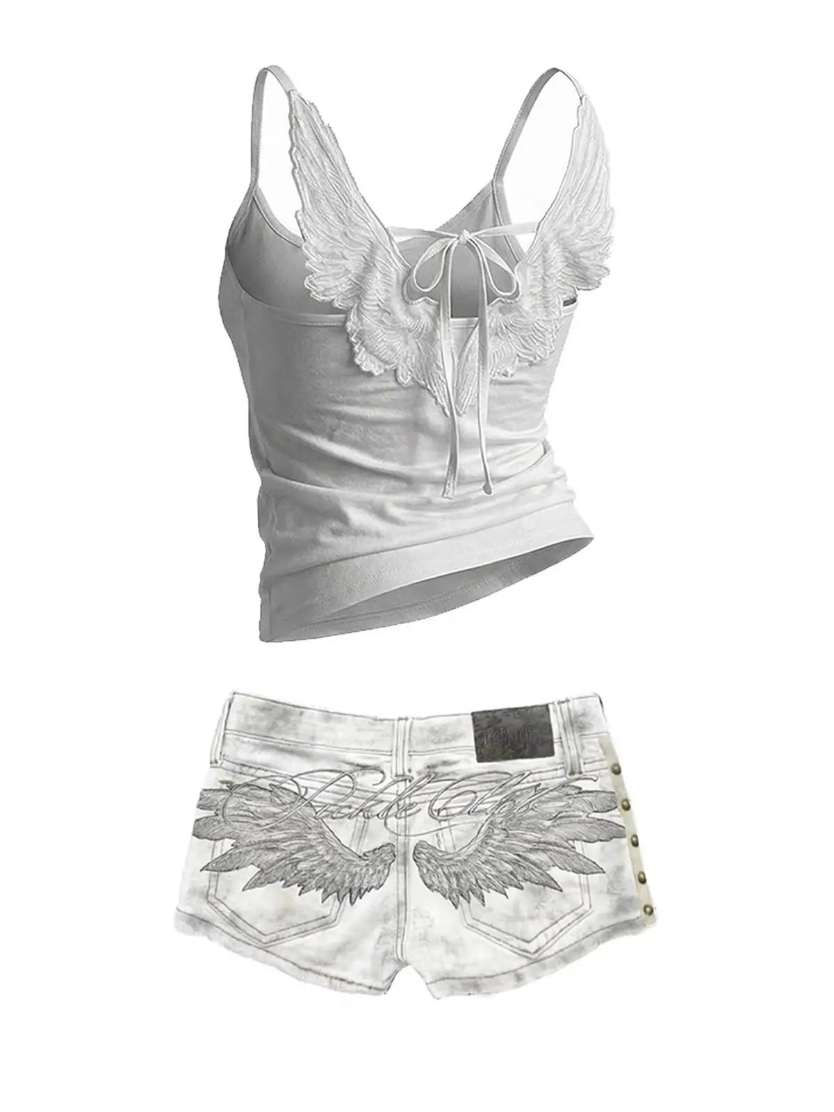 STORESDE Y2K Hot Girl Angel Wings Embroidered Vest Denim Shorts Suit Retro Sexy Shorts Subculture Punk Rivet Design Low-Waisted Pants