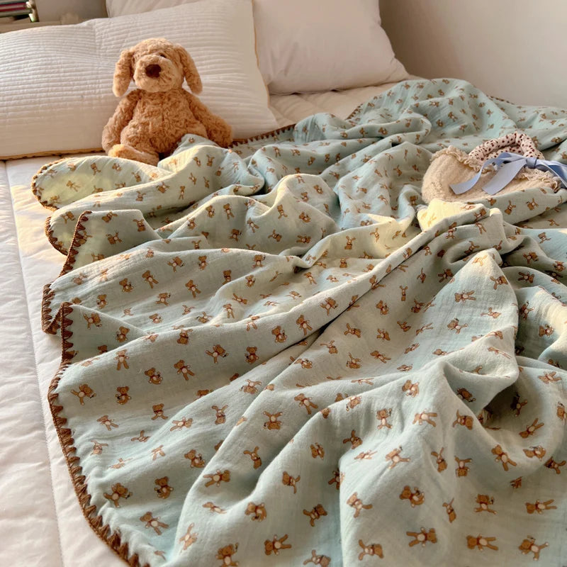 STORESDE 100% Cotton Blanket INS Style Pure Cotton Crepe Yarn Summer Blanket Single/Queen/King Size Cartoon Quilt for Kids Soft Plaids