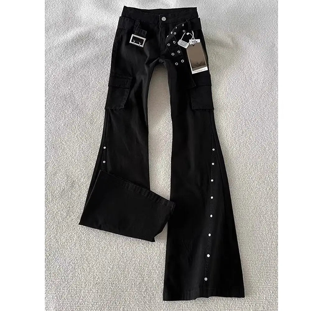 STORESDE Autumn American Retro Dark Gothic Jeans Women High-street Mid-rise Rivet-decorated Flared Pants Y2K 2000s Aesthetic Cargo Pants