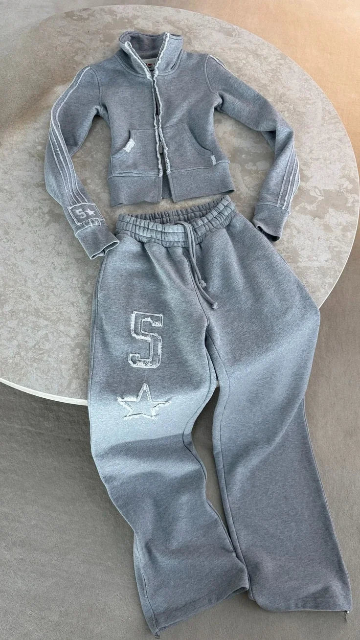 STORESDE Gothic Womens Zipper Sweatshirt Pants Two Piece Set Y2K Harajuku Letter Patchwork Embroidery Vintage Oversized Jacket Pants Set
