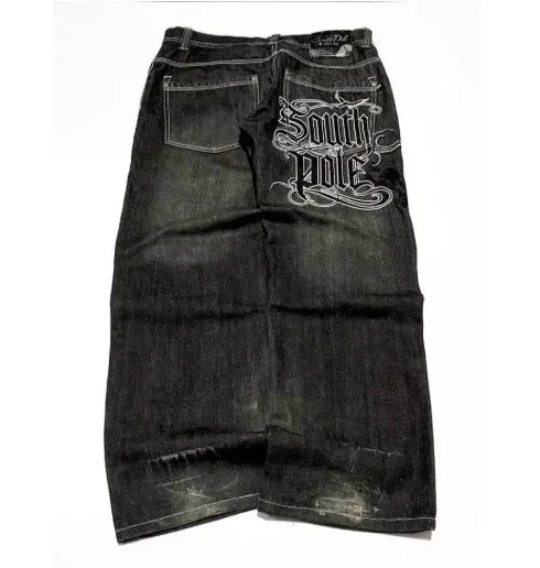 STORESDE American Fashion Printing Jeans Hip Hop Baggy Cross-legged Jeans Grey Wash Straight Mop Pants Men and Women