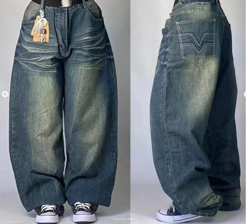 STORESDE 2025 New American Trend Retro Hip-hop Embroidery Pattern Baggy Jeans For Men And Women Y2K Harajuku Gothic Wide Pants Streetwear