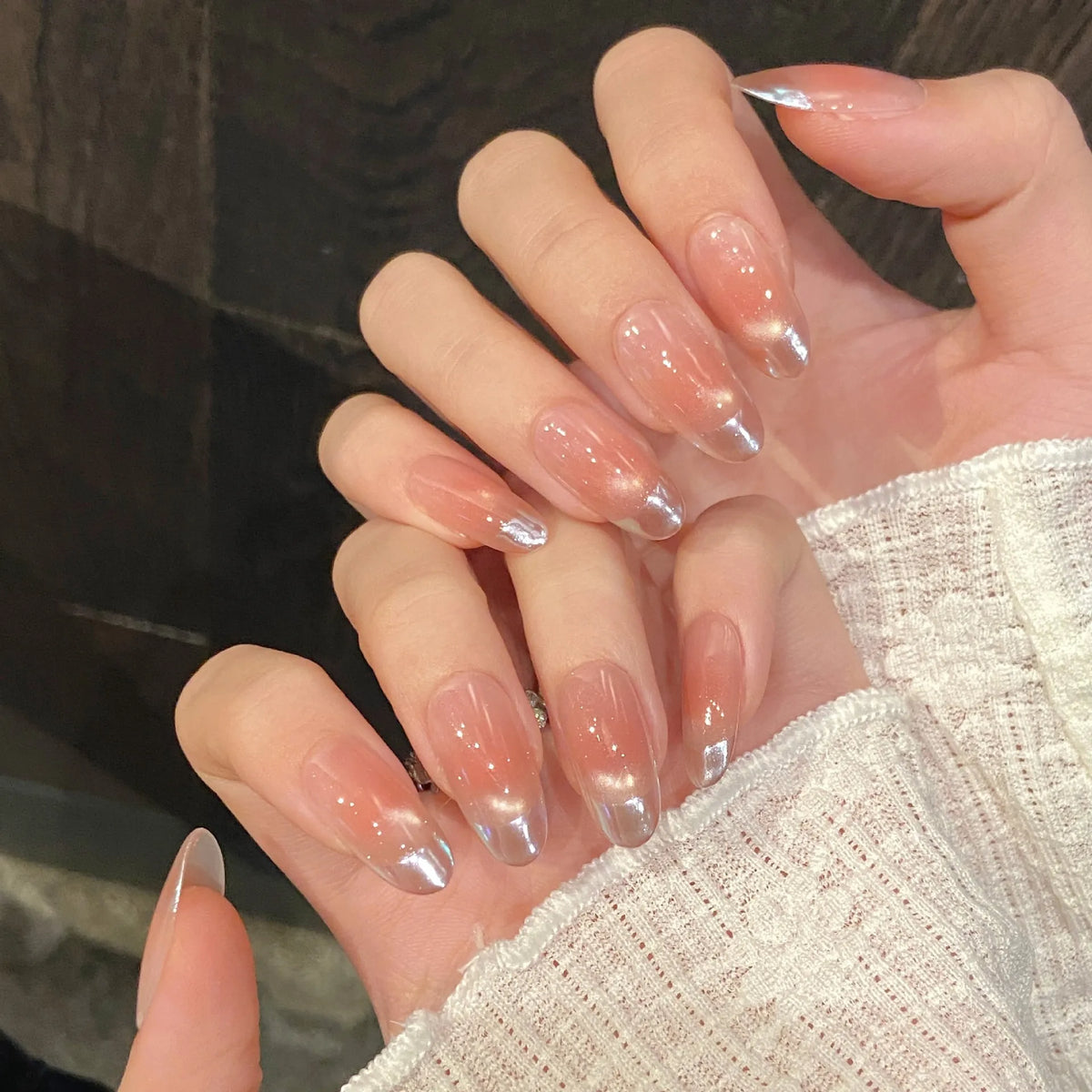 STORESDE 10pcs Handmade Press on Nails Sweet Pink Blush French Cat Eye Fake Nails Wearable Full Cover Pink Peach Cat Eye Fake Nails