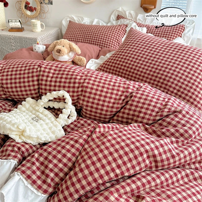 STORESDE 3pcs red,black plaid Duvet Cover Set (1*Duvet Cover + 2*Pillowcase, Without Core), Lace embroidery Bedding Set