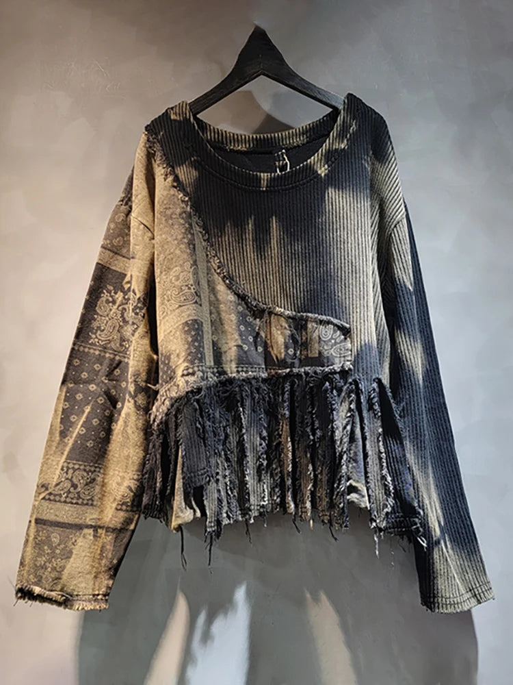 STORESDE DEAT Women Pullover Knitted Distressed Tie-dye Printed Black Vintage Tassel Long Sleeve Sweater Summer 2026 New Fashion 11A0969