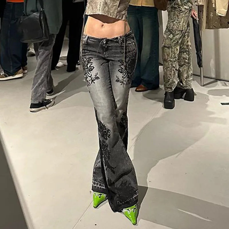 STORESDE Women's Jeans  New American Retro Street Style Plant Print Washed Vintage Low-Rise Flare Pants Trendy Versatile